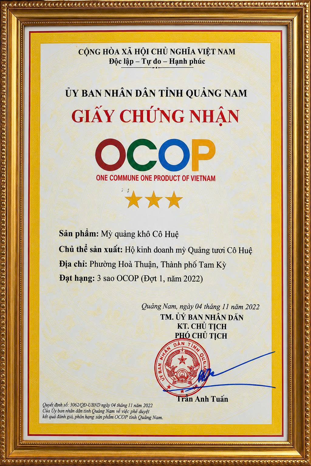Chứng Nhận Sản Phẩm OCOP Tiêu Biểu Tỉnh Quảng Nam - Mỳ Quảng Cô Huệ